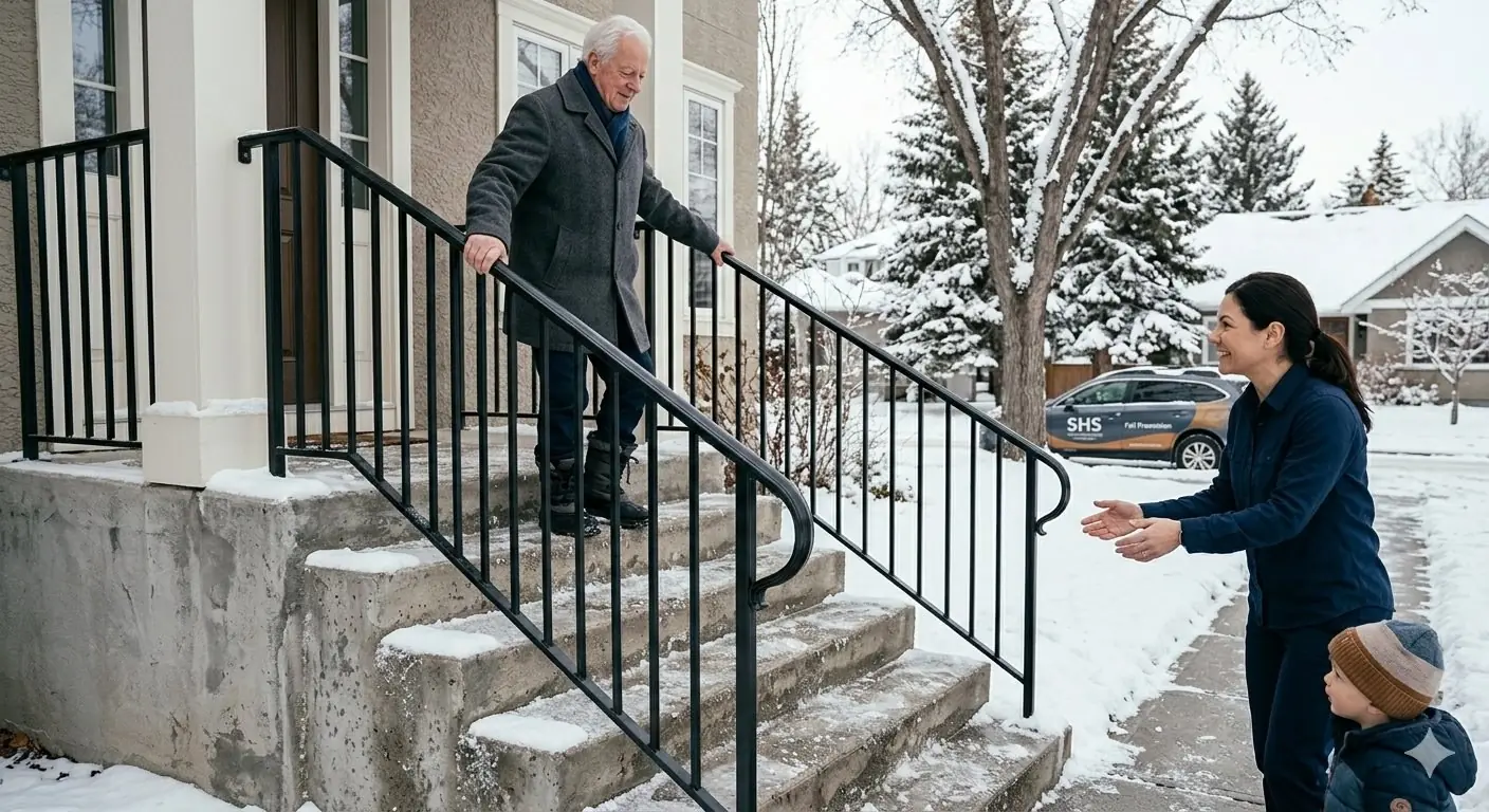 An older man using the handrail on snowy front steps