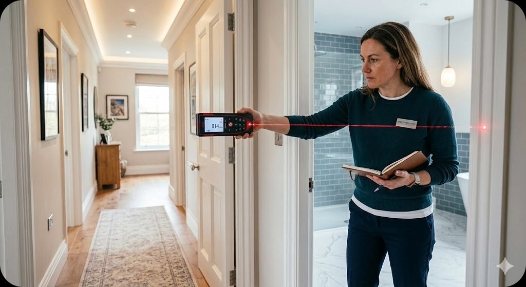 Assessor taking laser measurements during home safety visit